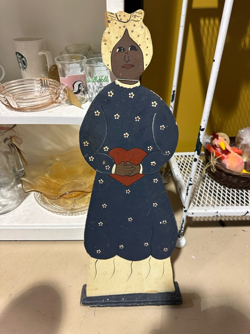 Vintage Wooden Folk Art Cut-Out African American Woman Holding Heart HandPainted